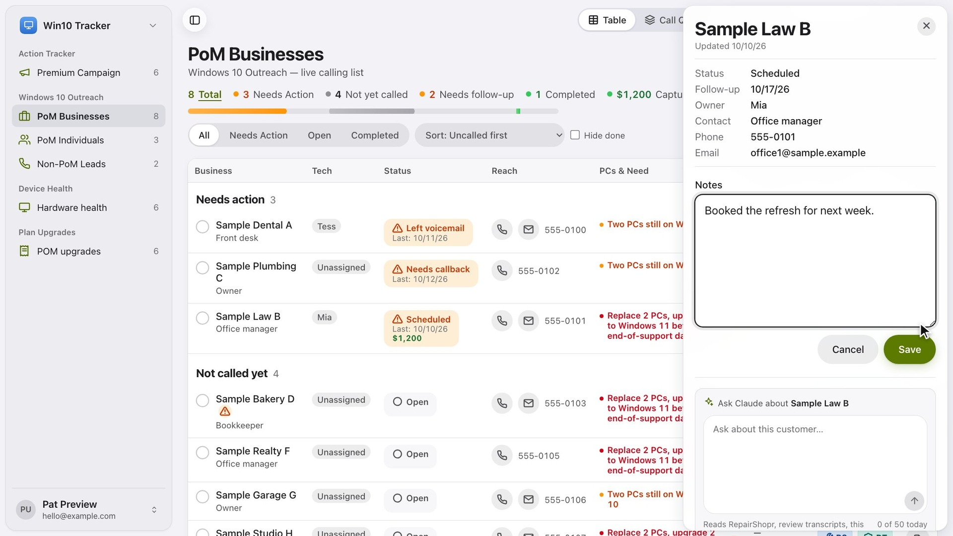 Animation: a calling list of businesses, then one row opens in a side panel with its status, contact and notes. Sample data.
